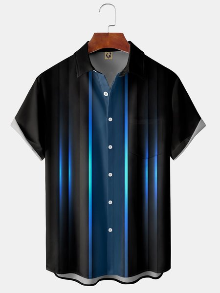 

Gradient Striped Chest Pocket Short Sleeve Bowling Shirt, Black, Men Shirts