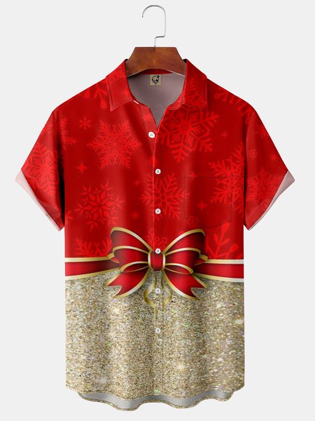 

Christmas Contrast Chest Pocket Short Sleeve Shirt, Red, Men Shirts