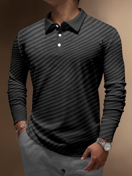 

3D Gradient Striped Buttons Long Sleeve Polo, Dark gray, Men's t-shirts