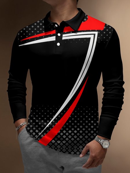 

Geometric Color-block Buttons Long Sleeve Polo, Black, Men's t-shirts