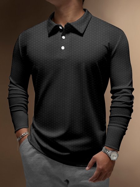 

Gradient Hexagon Geometric Buttons Long Sleeve Polo, Dark gray, Polo Shirts