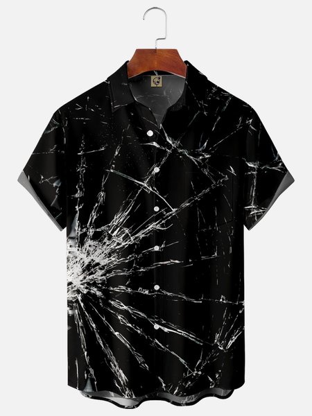 

Broken Glass Chest Pocket Short Sleeve Casual Shirt, Black, Men Shirts