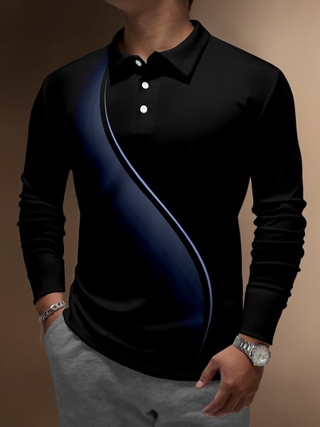 

3D Gradient Striped Buttons Long Sleeve Polo, Black, Men's t-shirts