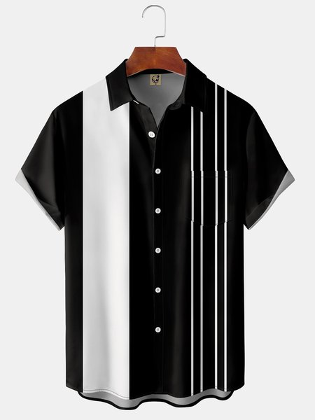 

Striped Chest Pocket Short Sleeve Bowling Shirt, Black, Men Shirts
