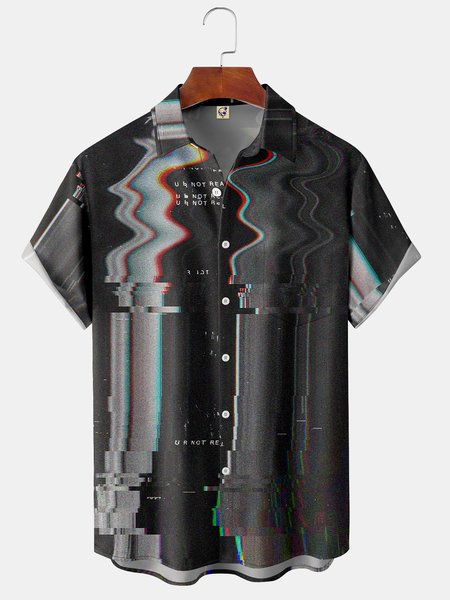 

Geometric Irregular Stripes Chest Pocket Short Sleeve Shirt, Black-grey, Men Shirts