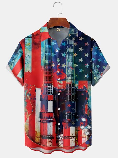 

Flag Music Chest Pocket Short Sleeve Shirt, Red, Men Shirts