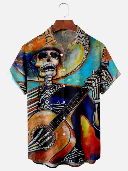 

Cinco de Mayo Guitar Chest Pocket Short Sleeve Casual Shirt, Orange, Men Shirts