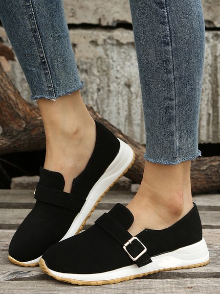 Casual Plain Color Buckle Strap Slip On Flat Sneakers, Black, Sneakers