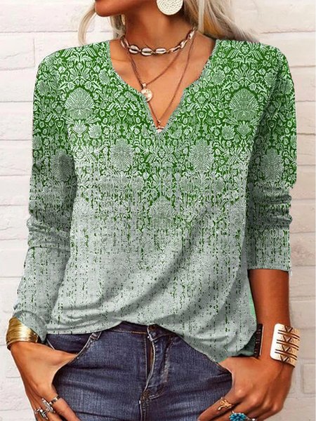 Ethnic Long Sleeve Notched Casual T Shirt