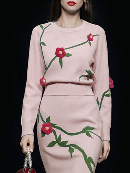 

Elegant Crew Neck Floral Long sleeve Sweater, Pink, Pullovers