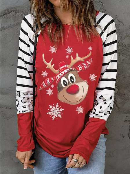 

Christmas Casual Regular Fit Color Block T-Shirt, Red, Tops