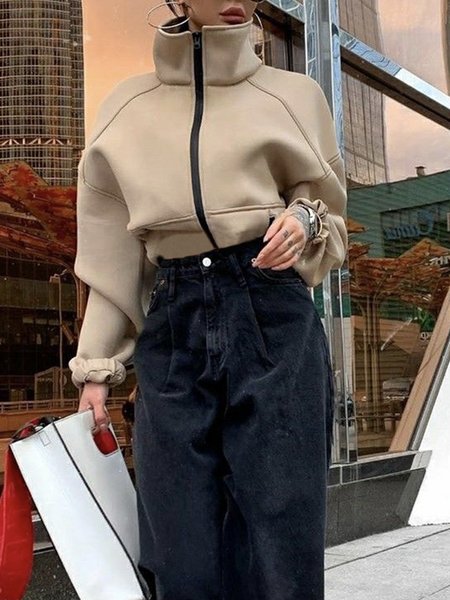 

Urban Loose Plain Long Sleeve Jacket, Khaki, Jackets