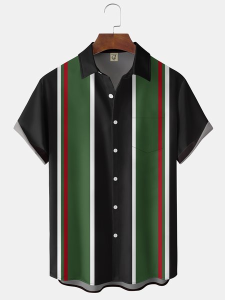 

Christmas Chest Pocket Short Sleeve Bowling Shirt, Black, Men Shirts