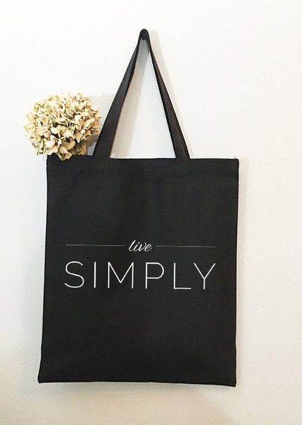 

Live Simple Text Letter Shopping Tote Bag, Black, Bags