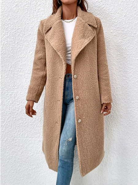 

Casual Fluff/Granular Fleece Fabric Shawl Collar Teddy Coat, Khaki, Coats