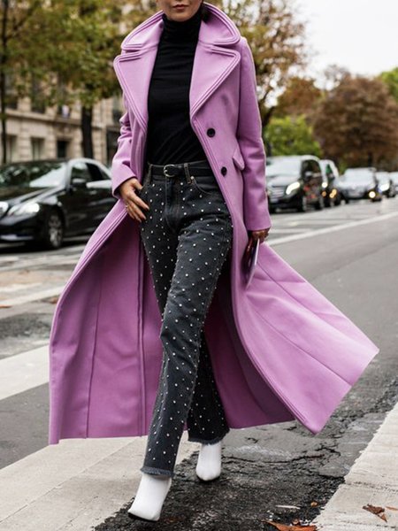 

Plain Daily Long sleeve Lapel Collar Elegant Overcoat, Purple, Coats