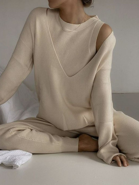 

Casual Crew Neck Multiple Pieces Set, Khaki, Suit Set