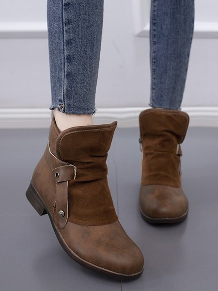 

Anti-Suede Buckle Panel Vintage Insulated Booties, Brown, Boots