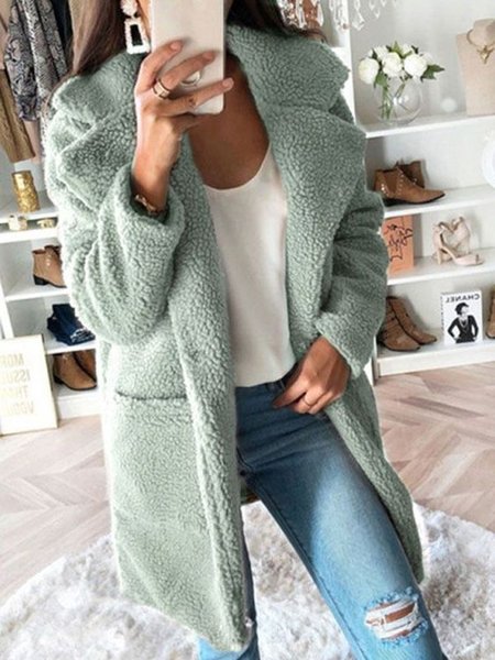

Fluff/Granular Fleece Fabric Lapel Collar Teddy Jacket, Green, Coats