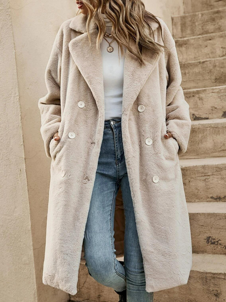 

Casual Drop Shoulder Double Breasted Teddy Coat, Apricot, Trench Coats