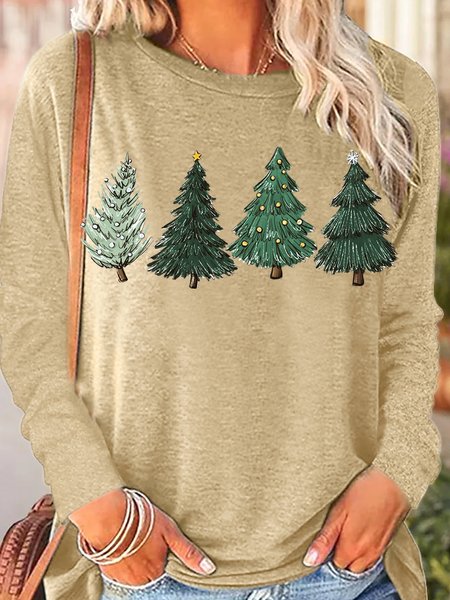 

Womens Christmas Trees Lights Star Snow mint Cozy Winter Casual Crew Neck Top, Apricot, Long sleeves