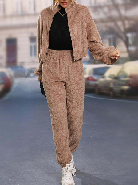 

Casual Plain Fluff/Granular Fleece Fabric Two Piece Set, Khaki, Suit Set