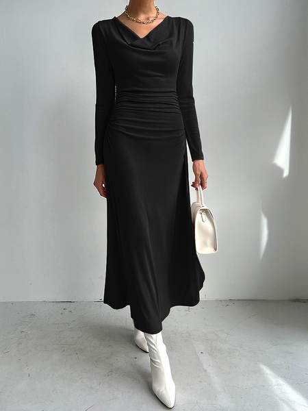 

High Elasticity Regular Fit Elegant Long sleeve Long Dress, Black, Maxi Dresses