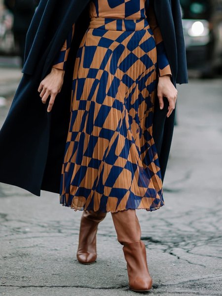 

Urban Geometric Color Block Pleated Skirt, As picture, Skirts
