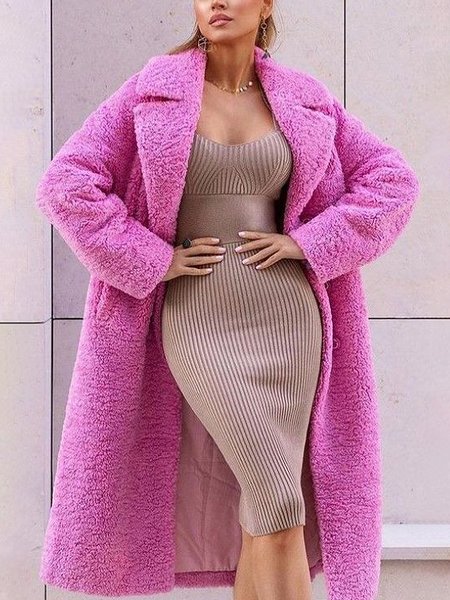 

Lapel Collar Plain Elegant Teddy Jacket, Pink, Others