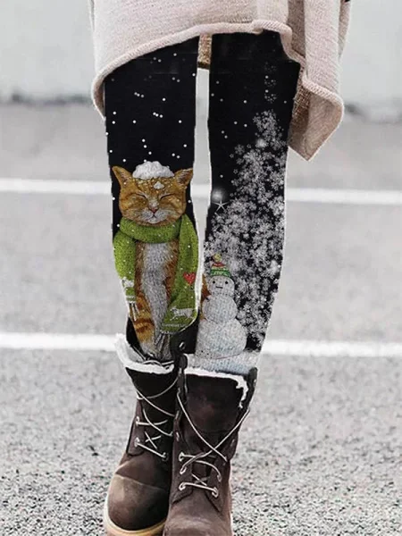 

Cat And Christmas Snowman Tight Casual Leggings, Black, leggings