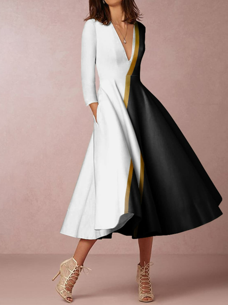 

Color Block Regular Fit Casual Dress, Black, Midi Dresses