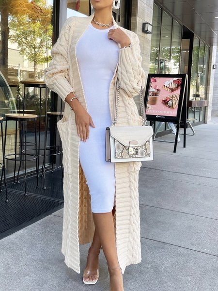 

Loose Casual Long Sleeve Plain Sweater Coat, Beige, Cardigans