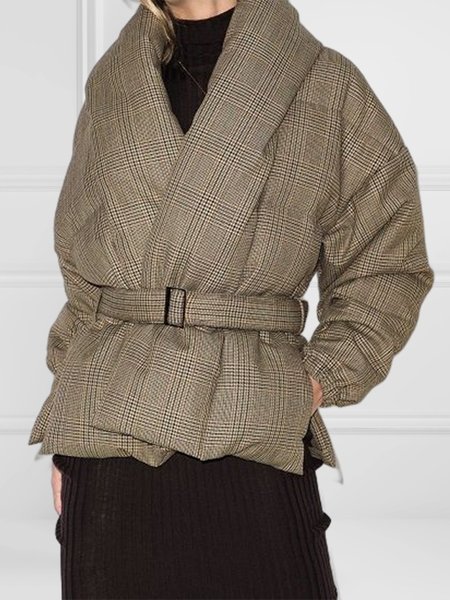 

Long sleeve Plaid Elegant Loose Fleece Coat, Yellow brown, Others