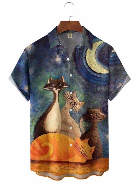 

Cats Painting Chest Pocket Short Sleeve Casual Shirt, Blue, Men Shirts