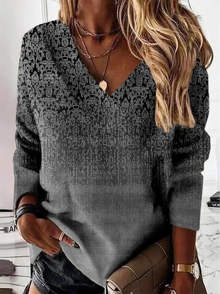 

Ethnic Long Sleeve V Neck Casual Tunic Sweatshirt, Gray, Hoodies & Sweatshirts