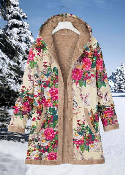 

Floral Casual Cotton-Blend Loose Teddy Hoodie Jacket, Multicolor, Coats