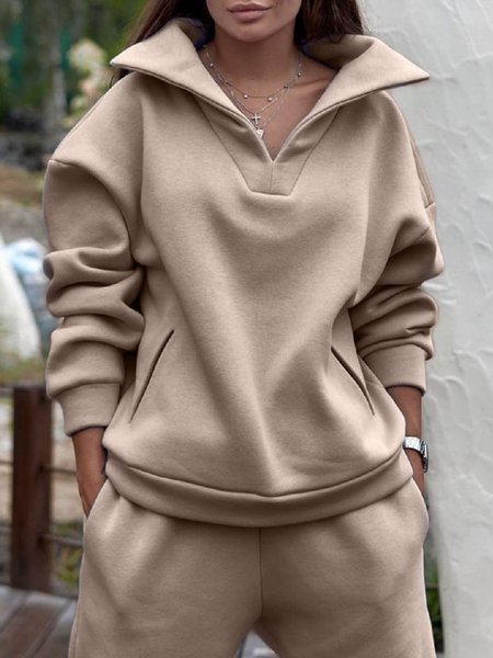 

Casual Loose Plain V Neck Sweatshirt, Khaki, Hoodies and Sweatshirts
