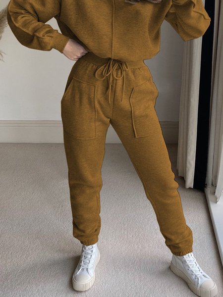 

Casual Plain Loose Mid Waist SweatPants, Yellow brown, Pants