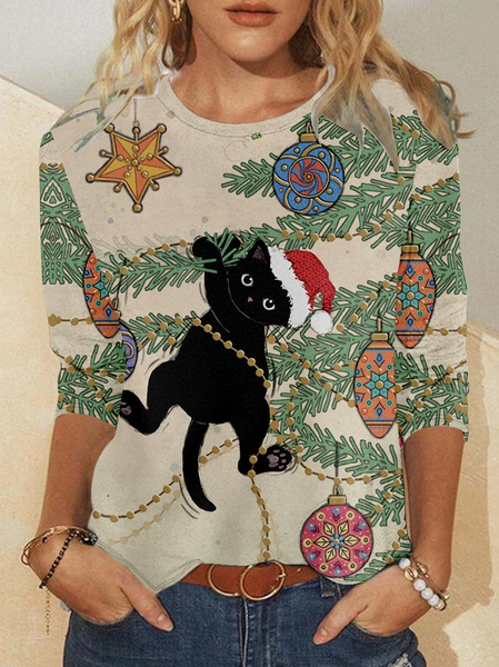 Womens Christmas Black Cat Print Top, As picture, Long sleeves