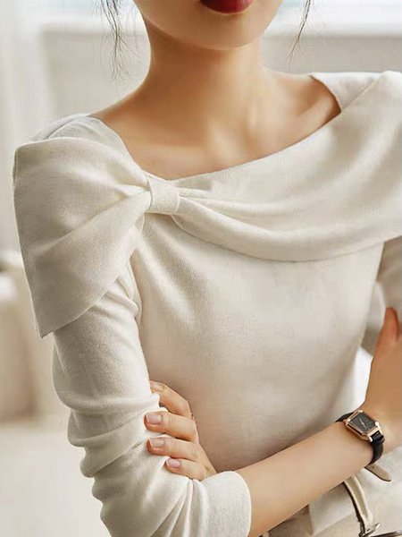 

Plain Elegant Long Sleeve Asymmetrical Sweater, White, Pullovers