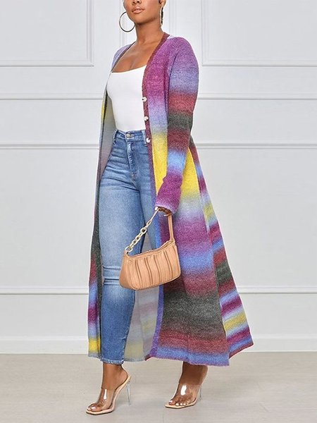 Ombre Casual Long Sleeve Loose Coat, Multicolor, Cardigans