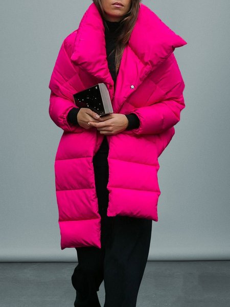 

Long sleeve Plain Urban Loose Fleece Coat, Deep pink, Others