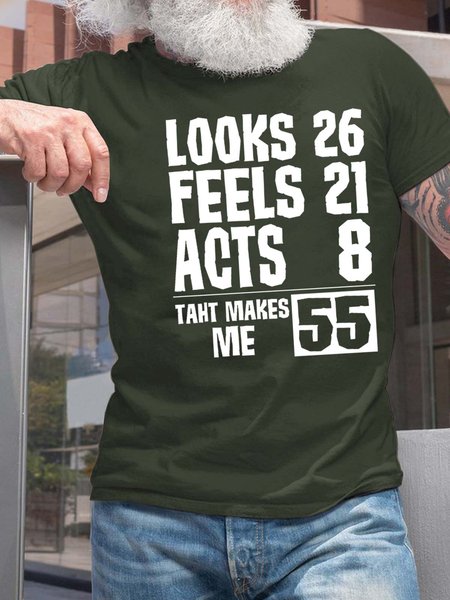 

Men Looks 26 Feels21 Acts 8 That Makes Me 55 Text Letters Cotton Fit T-Shirt, Deep green, T-shirts