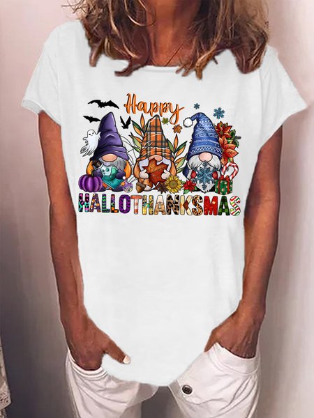 

Women's Happy Hallitanksmas Merry Christmas Funny Christmas Gnome Graphic Print Loose Casual Crew Neck T-Shirt, White, T-shirts