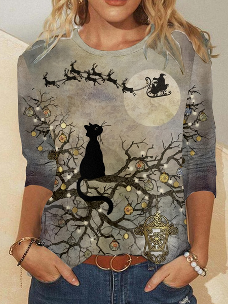 

Womens Vintage Black Cat Print Crew Neck Top, As picture, Long sleeves