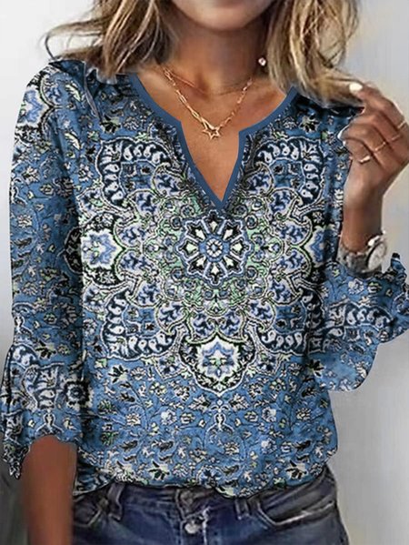 

Ethnic Print Notched Long Sleeve T-Shirt, Blue, T-shirts