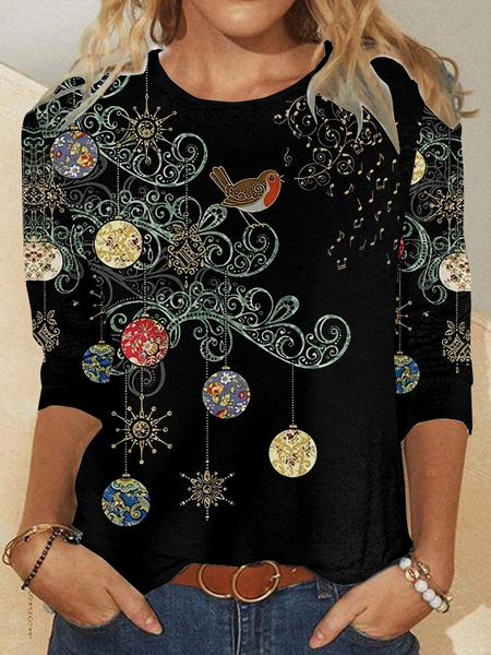 

Womens Vintage Bird Print Christmas Top, As picture, Long sleeves