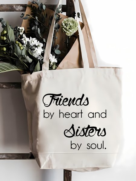 

Friends By Heart And Sister By Soul Family Text Letter Shopping Tote Bag, White, Bags