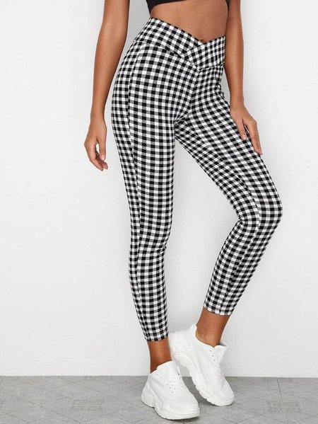 

Cross Waist Plaid Casual Tight Leggings, Black-white, leggings