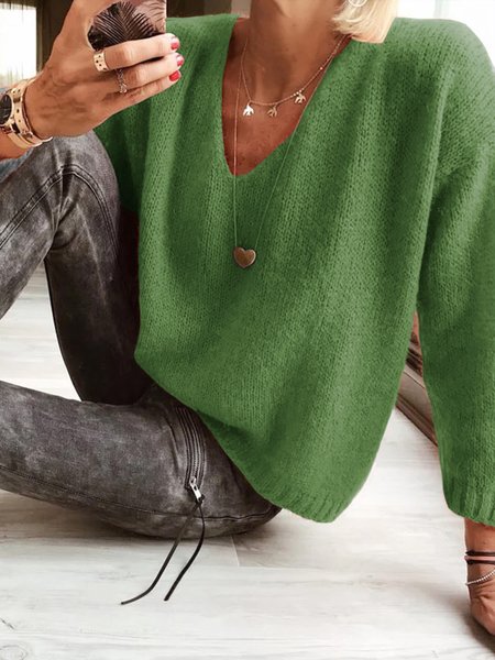 

Casual V Neck Plain Sweater, Green, Sweaters & Cardigans